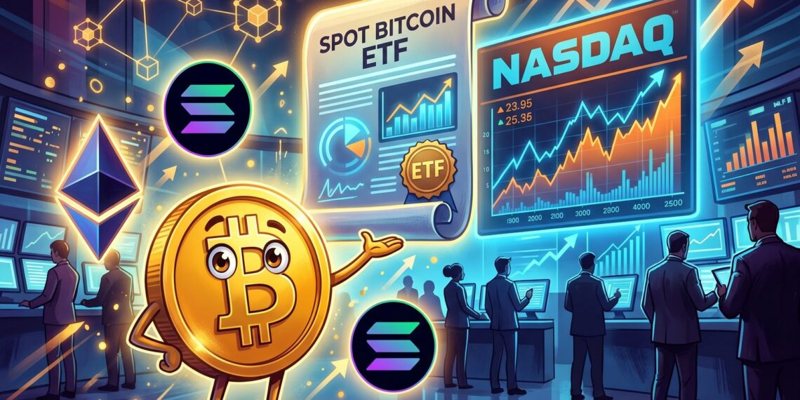 Ilustração editorial sobre o ETF Core3 da GSR com Bitcoin, Ether e Solana
