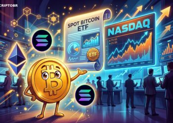 Ilustração editorial sobre o ETF Core3 da GSR com Bitcoin, Ether e Solana