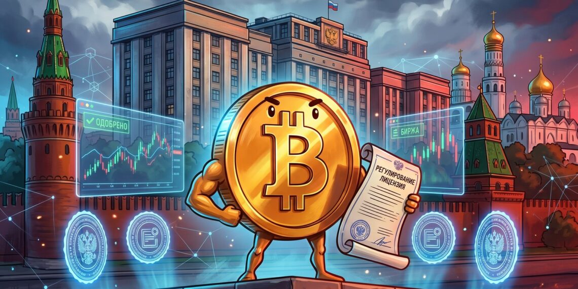 Ilustração editorial sobre projeto russo para regular o mercado de criptomoedas