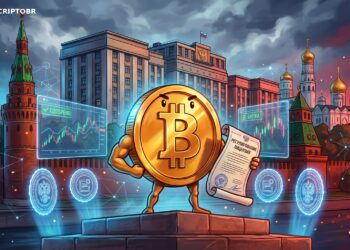 Ilustração editorial sobre projeto russo para regular o mercado de criptomoedas