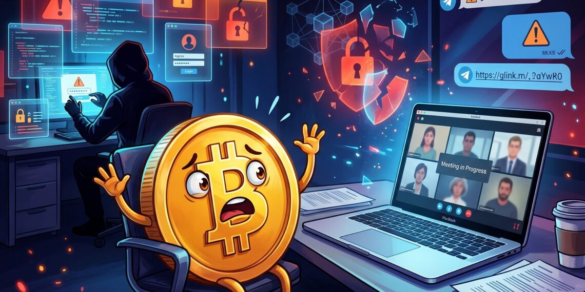Ilustração de golpe do Lazarus com falso call e malware em Mac contra executivos crypto