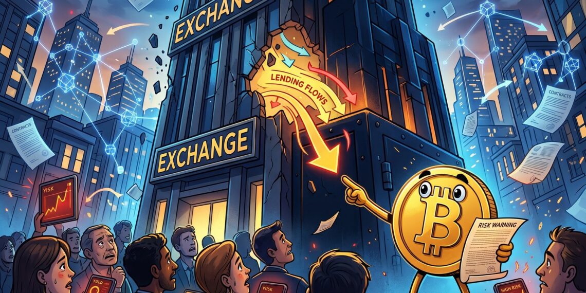 Ilustração editorial de exchange cripto como banco paralelo sob alerta do BIS