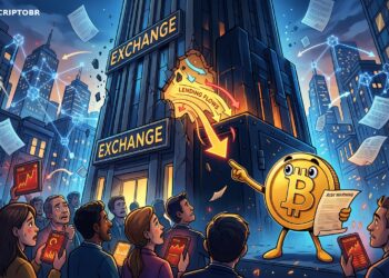Ilustração editorial de exchange cripto como banco paralelo sob alerta do BIS