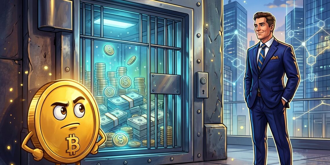 Ilustração editorial sobre a Morgan Stanley e reservas de stablecoins em cofre institucional