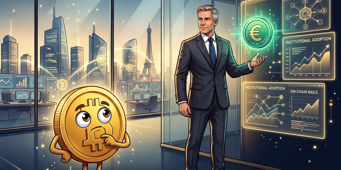 Ilustração editorial sobre Société Générale, clientes cripto e stablecoins corporativas