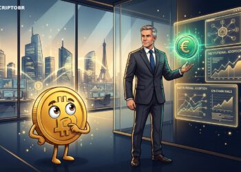Ilustração editorial sobre Société Générale, clientes cripto e stablecoins corporativas