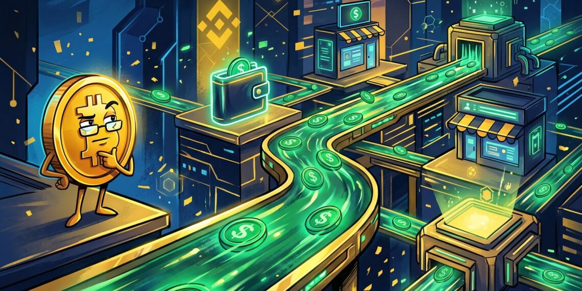 Ilustração editorial da BNB Chain com stablecoins circulando em rede blockchain