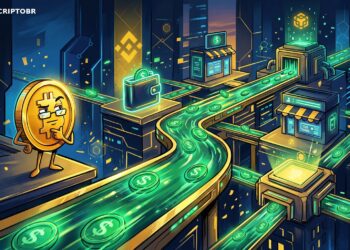 Ilustração editorial da BNB Chain com stablecoins circulando em rede blockchain