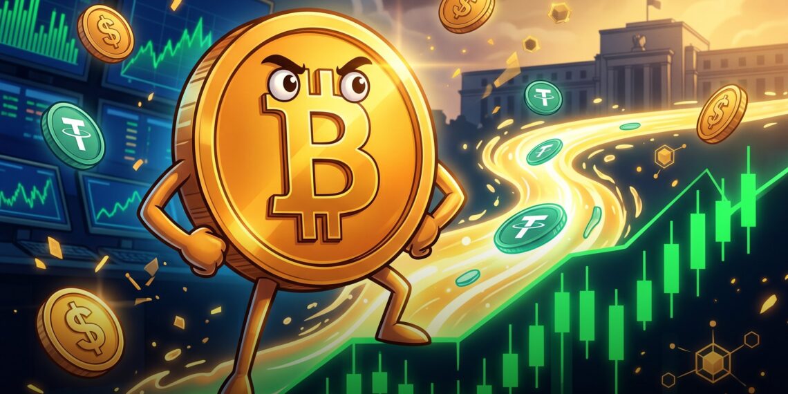 Mascote Bitcoin em gráfico de alta com fluxo de liquidez em USDT no mercado cripto