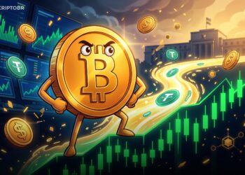 Mascote Bitcoin em gráfico de alta com fluxo de liquidez em USDT no mercado cripto