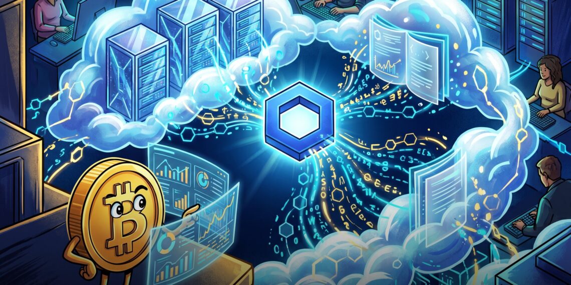 Ilustração editorial com nuvem corporativa, rede blockchain e oráculos da Chainlink conectando dados a contratos inteligentes