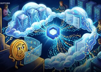 Ilustração editorial com nuvem corporativa, rede blockchain e oráculos da Chainlink conectando dados a contratos inteligentes