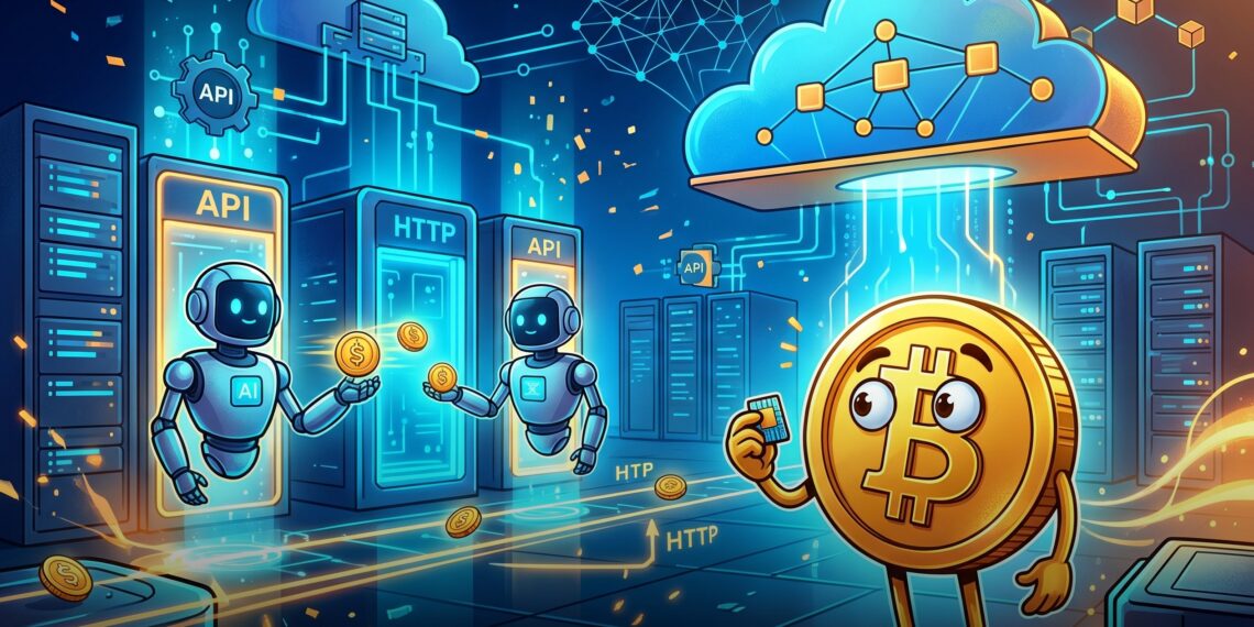 Ilustração editorial de agentes de IA fazendo pagamentos cripto via x402 na nuvem