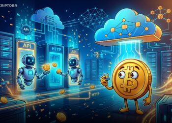 Ilustração editorial de agentes de IA fazendo pagamentos cripto via x402 na nuvem