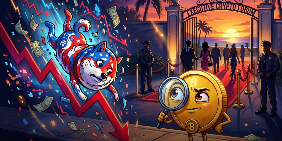 Ilustração editorial de memecoin política em queda diante de encontro cripto exclusivo em Mar-a-Lago