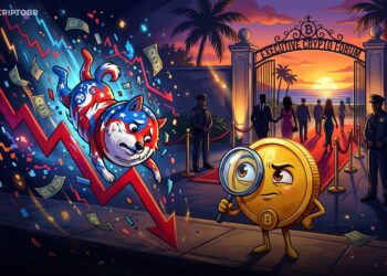 Ilustração editorial de memecoin política em queda diante de encontro cripto exclusivo em Mar-a-Lago