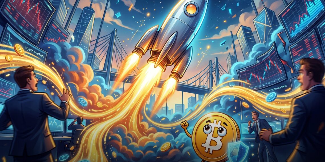 Ilustração editorial de foguete sugando liquidez do mercado cripto enquanto mascote Bitcoin observa