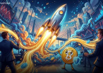 Ilustração editorial de foguete sugando liquidez do mercado cripto enquanto mascote Bitcoin observa