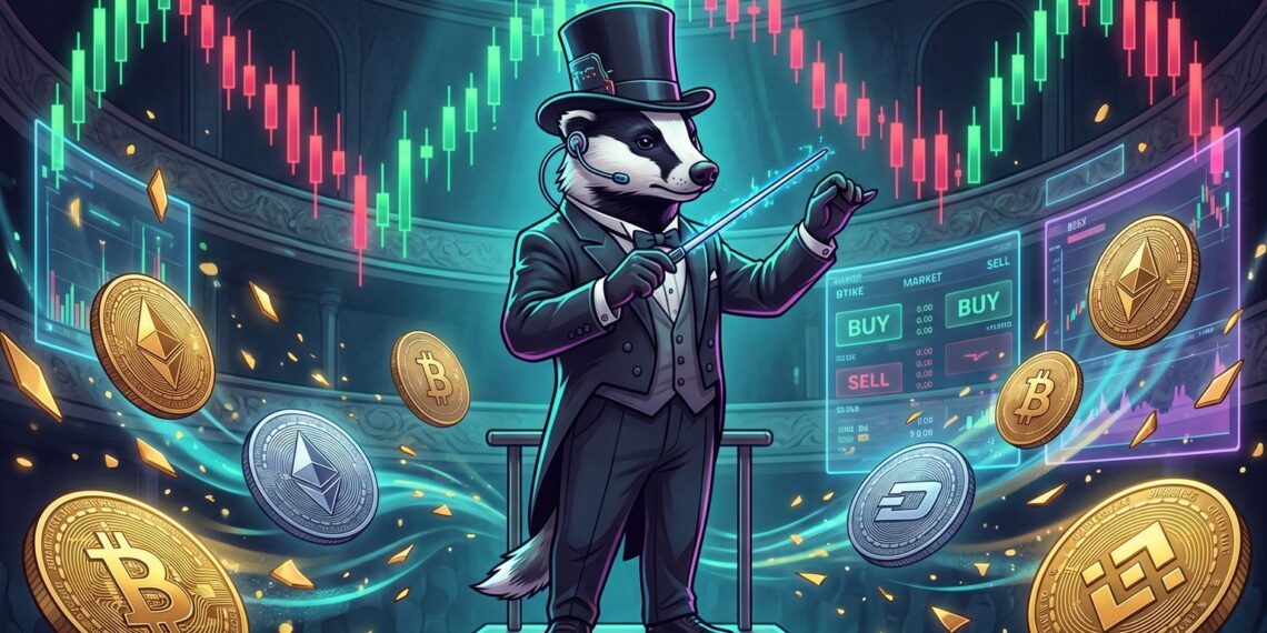 Banner do MaestroScraper com maestro cripto, candles e moedas BTC, BNB e ETH