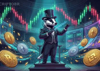Banner do MaestroScraper com maestro cripto, candles e moedas BTC, BNB e ETH