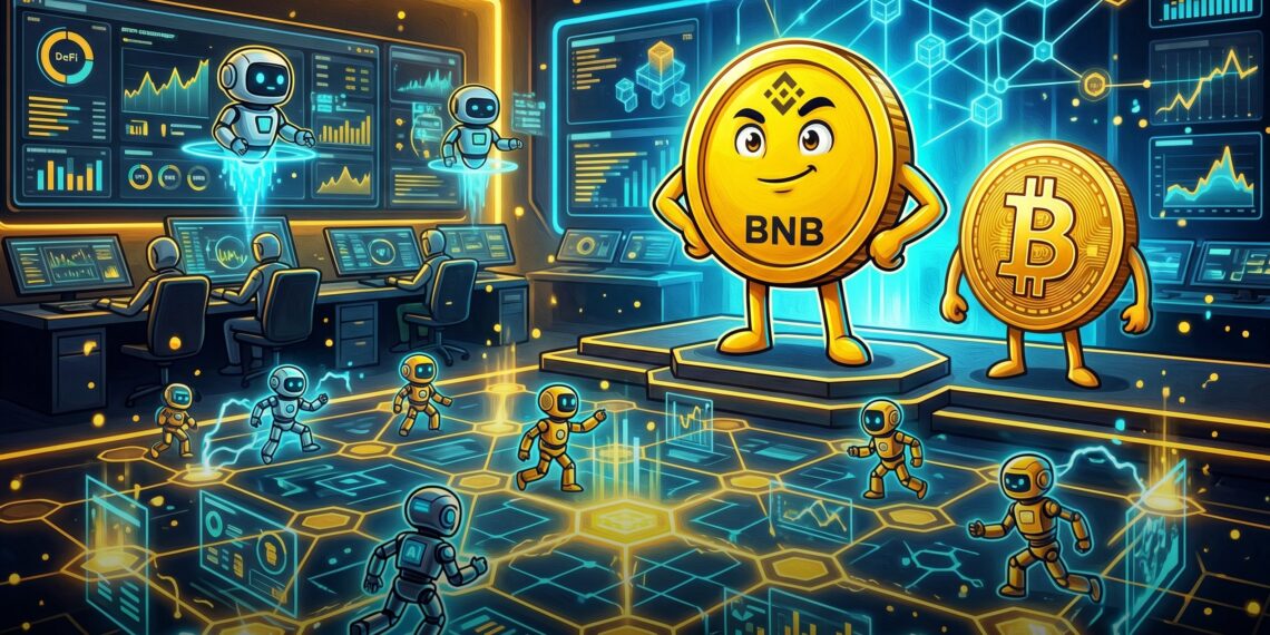 Ilustração editorial da BNB Chain com agentes de IA on-chain e mascote Bitcoin
