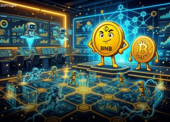Ilustração editorial da BNB Chain com agentes de IA on-chain e mascote Bitcoin