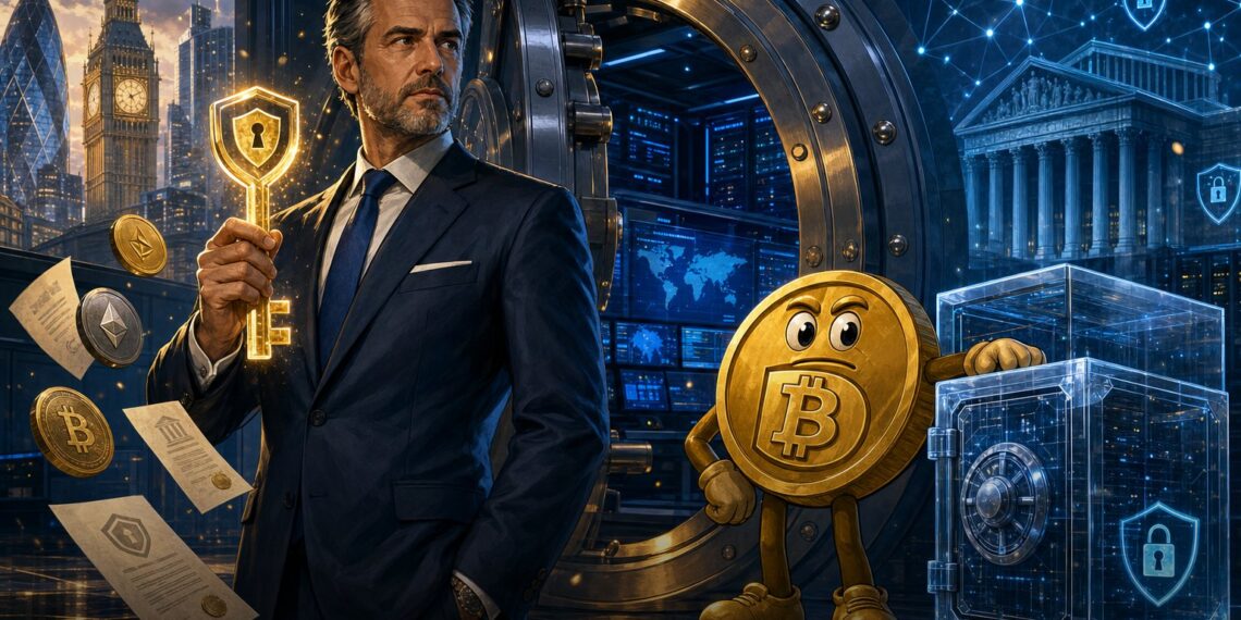 Ilustração editorial sobre Standard Chartered, Zodia Custody e custódia institucional de criptoativos