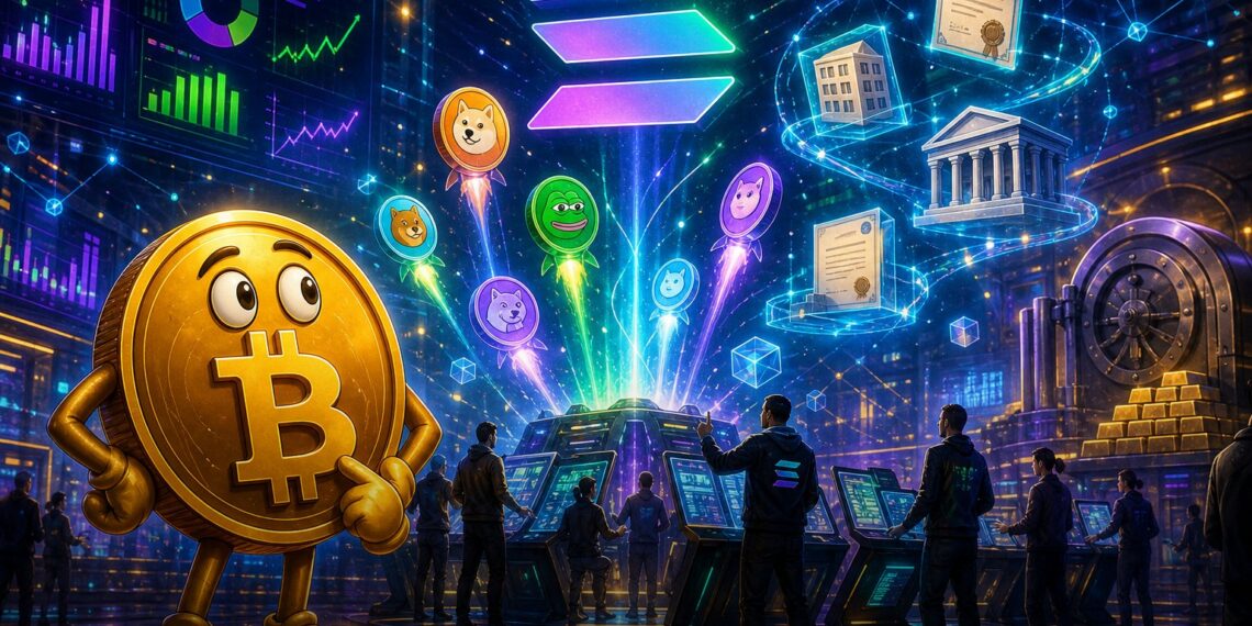 Ilustração editorial da Solana com Pump.fun, memecoins e ativos RWA tokenizados