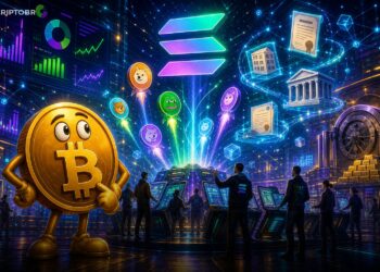 Ilustração editorial da Solana com Pump.fun, memecoins e ativos RWA tokenizados