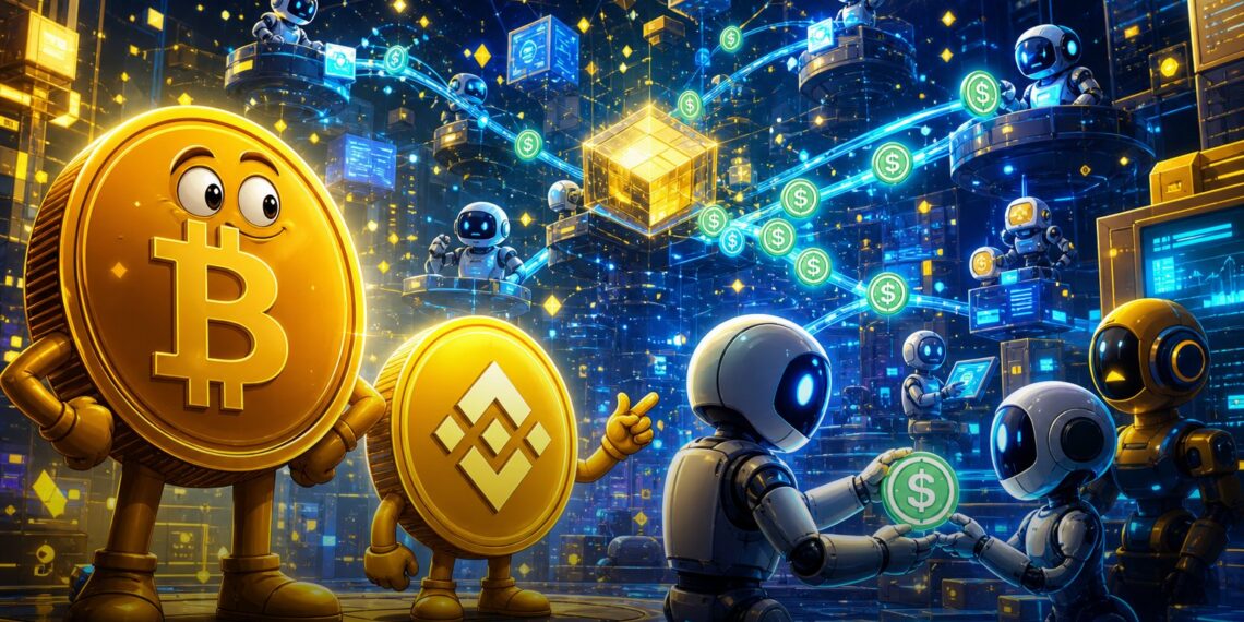 Ilustração editorial sobre Binance x402, pagamentos programáveis e BNB Chain