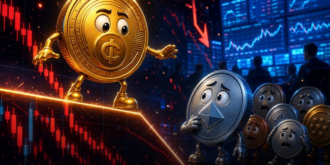Ilustração do Bitcoin segurando suporte de mercado enquanto altcoins recuam