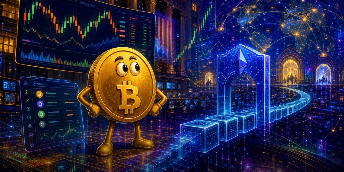 Ilustração editorial sobre Ostium integrando dados da Nasdaq a perpétuos on-chain
