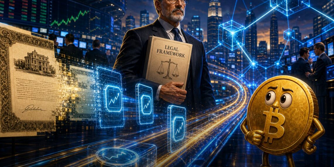 Ilustração editorial sobre SEC, ações tokenizadas e infraestrutura blockchain de mercado