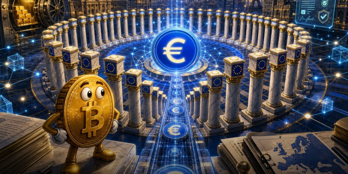 Ilustração editorial de bancos europeus e euro digital para stablecoin do Qivalis