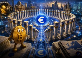 Ilustração editorial de bancos europeus e euro digital para stablecoin do Qivalis