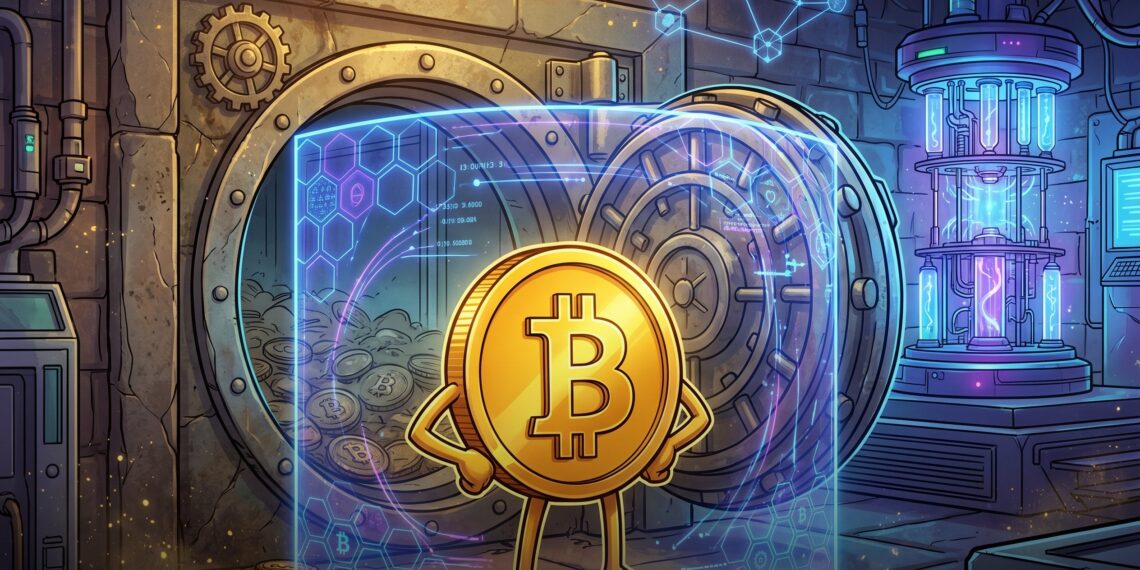Mascote do Bitcoin protegido por escudo criptográfico contra ameaça quântica
