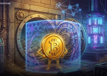 Mascote do Bitcoin protegido por escudo criptográfico contra ameaça quântica