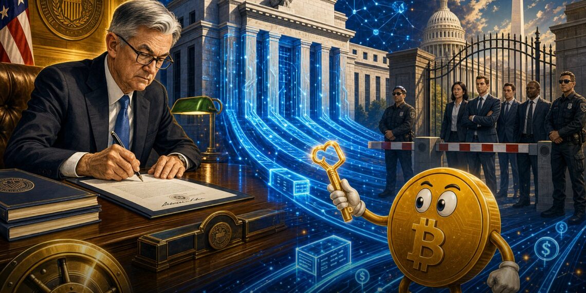 Ilustração editorial sobre empresas cripto buscando acesso a contas de pagamento do Federal Reserve