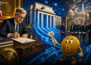 Ilustração editorial sobre empresas cripto buscando acesso a contas de pagamento do Federal Reserve