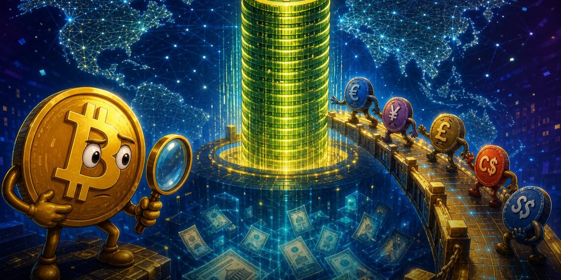 Ilustração editorial sobre stablecoins fora do dólar e domínio das stablecoins em dólar no mercado cripto