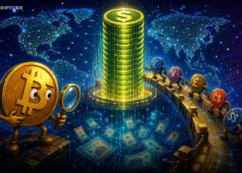 Ilustração editorial sobre stablecoins fora do dólar e domínio das stablecoins em dólar no mercado cripto