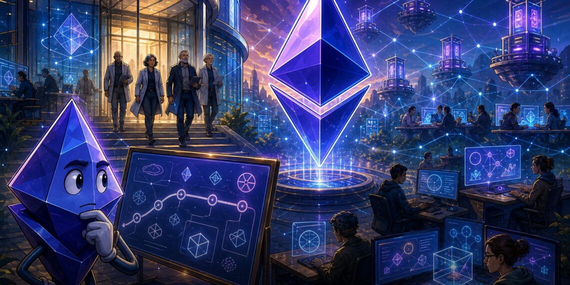 Ilustração editorial sobre saídas na Ethereum Foundation e nova liderança do protocolo