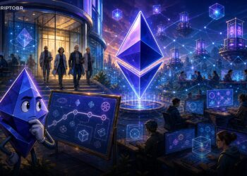 Ilustração editorial sobre saídas na Ethereum Foundation e nova liderança do protocolo