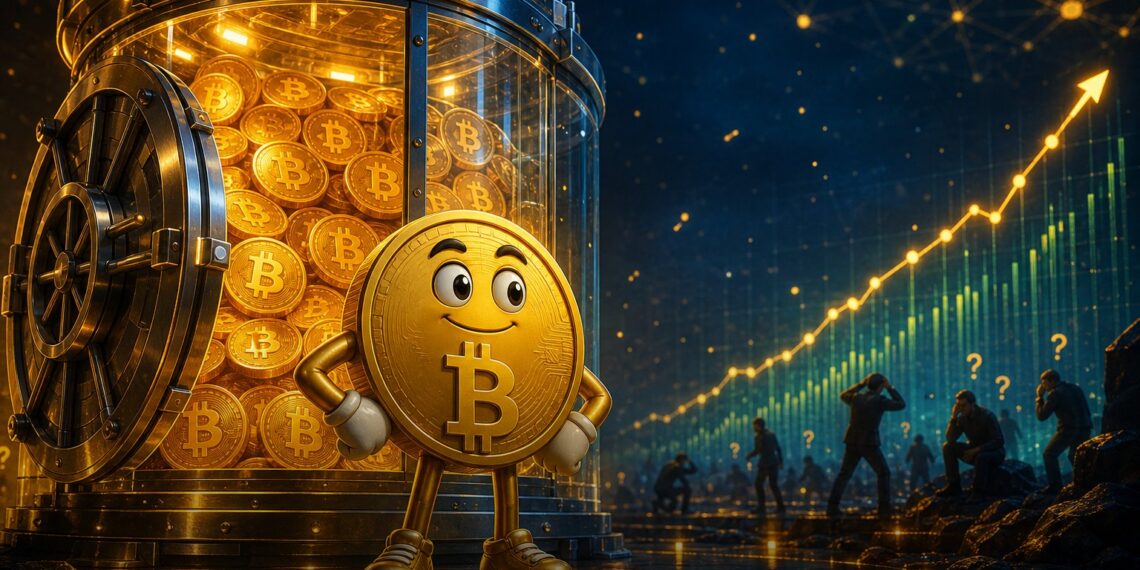 Mascote do Bitcoin diante de um cofre com moedas, representando acumulação de holders de longo prazo