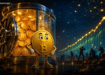Mascote do Bitcoin diante de um cofre com moedas, representando acumulação de holders de longo prazo