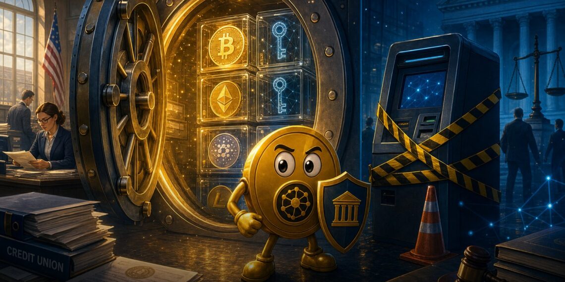 Ilustração editorial de banco em Minnesota guardando criptomoedas em cofre digital