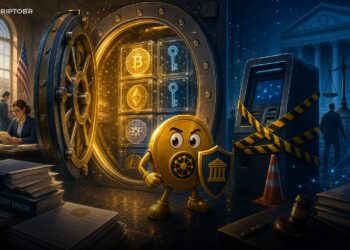 Ilustração editorial de banco em Minnesota guardando criptomoedas em cofre digital