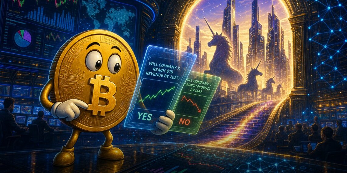 Ilustração editorial sobre Polymarket, Nasdaq Private Market e contratos de previsão para empresas privadas