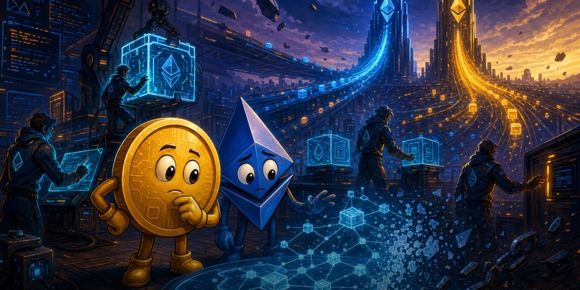Ilustração editorial sobre a Syndicate Labs encerrando operações no mercado de rollups Ethereum