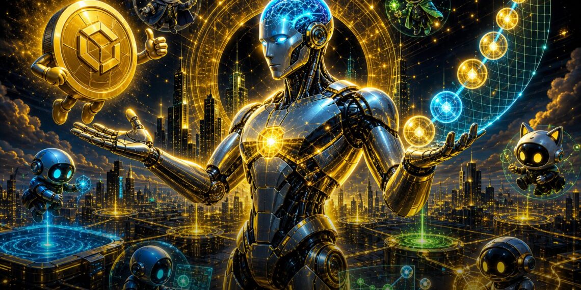 Ilustração editorial de agente de IA criando tokens na BNB Chain com liquidez on-chain